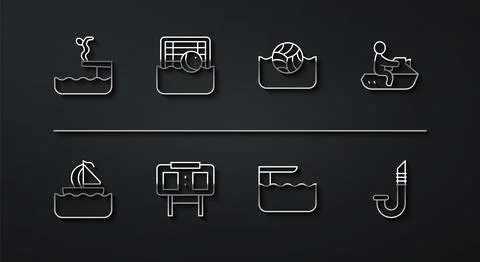 Set line Swimmer diving into pool, Yacht sailboat, Jet ski, Diving board or Stock Illustration