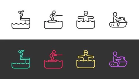 Set line Swimmer diving into pool, Water skiing man, gymnastics and Jet on .. Stock Illustration