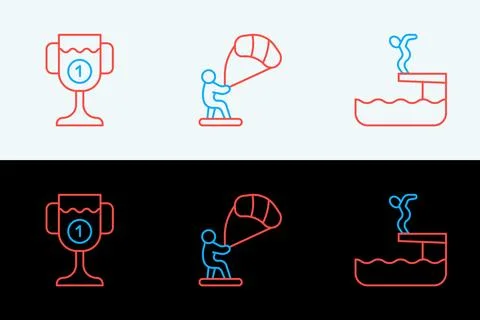 Set line Swimmer diving into pool, Award cup and Kitesurfing icon. Vector Stock Illustration