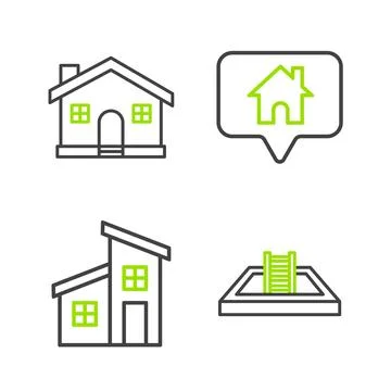 Set line Swimming pool with ladder, House, Map pointer house and  icon. Vecto Stock Illustration