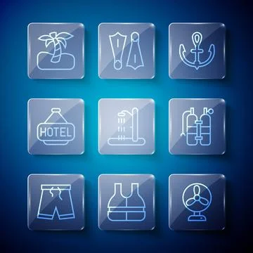 Set line Swimming trunks, Life jacket, Electric fan, Anchor, Beach shower Stock Illustration