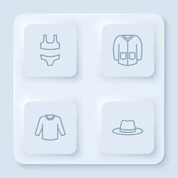 Set line Swimsuit, Sweater, and Man hat. White square button. Vector Stock Illustration
