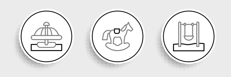 Set line Swing, Attraction carousel and Horse saddle swing icon. Vector Illustrazione stock