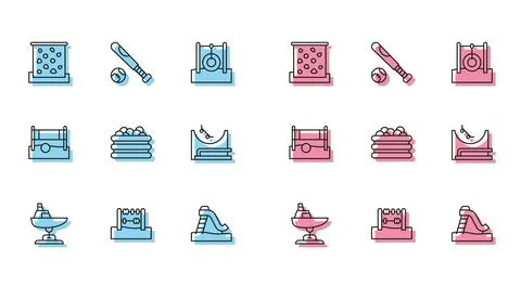 Set line Swing boat, Abacus, Climbing wall, Kid slide, Pool with balls, Skate Illustrazione stock