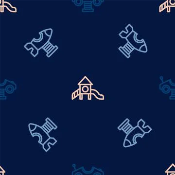 Set line Swing car, plane and Slide playground on seamless pattern. Vector Stock Illustration