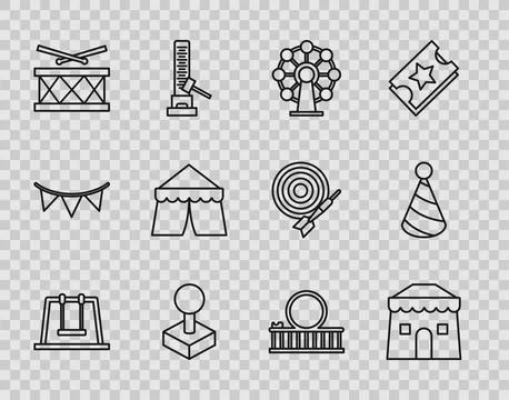 Set line Swing, Circus tent, Ferris wheel, Joystick for arcade machine, Dru.. Stock Illustration