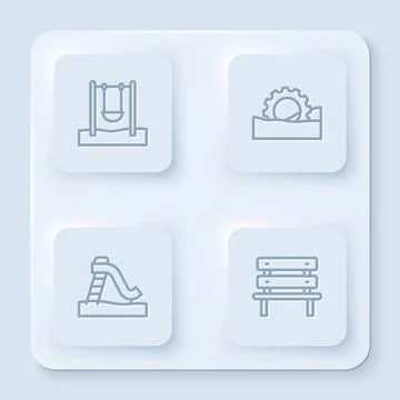 Set line Swing, Ferris wheel, Kid slide and Bench. White square button. Vector Stock Illustration
