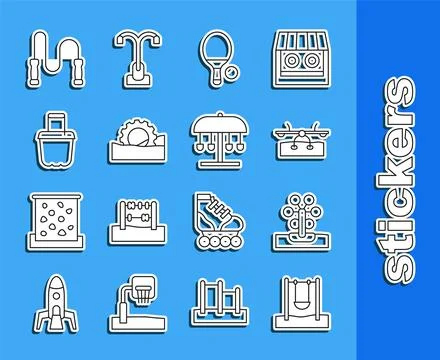 Set line Swing, Ferris wheel, Seesaw, Racket and ball, Sand bucket, Jump ro.. Stock Illustration