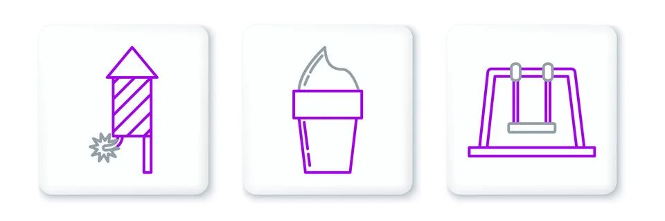 Set line Swing, Firework rocket and Ice cream waffle cone icon. Vector Stock Illustration