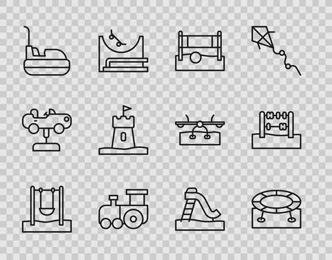 Set line Swing, Jumping trampoline, Volleyball net with ball, Toy train, Bumper Ilustración de archivo