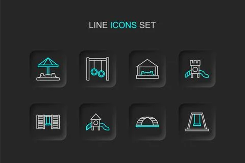 Set line Swing for kids, Monkey bar, Slide playground, Swedish wall, Sandbo.. Stock Illustration