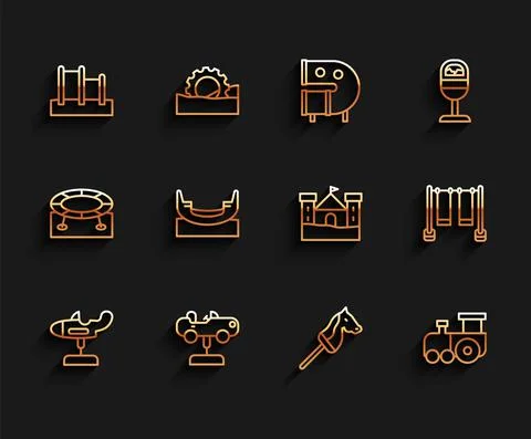 Set line Swing plane, car, Horizontal bar, Toy horse, train, Boat swing, Double Ilustración de archivo