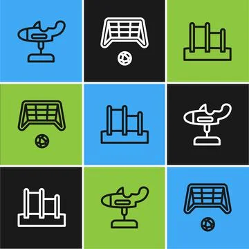Set line Swing plane, Horizontal bar and Soccer goal with ball icon. Vector Ilustração Stock