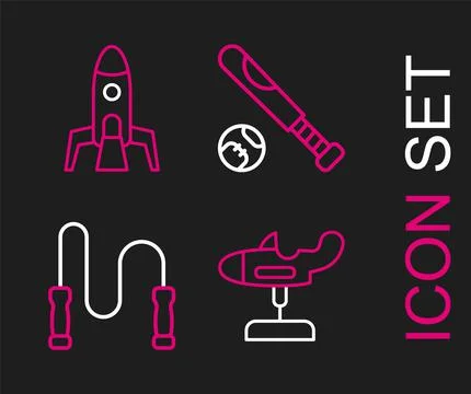 Set line Swing plane, Jump rope, Baseball bat with ball and Rocket ship icon. Illustrazione stock