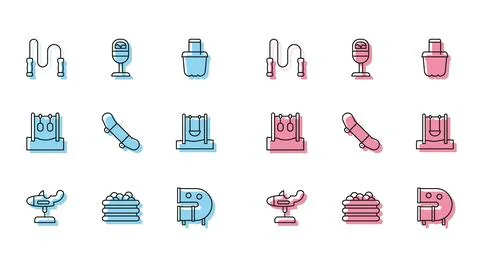 Set line Swing plane, Pool with balls, Jump rope, Kid playground slide pipe.. Illustrazione stock