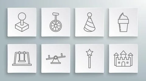 Set line Swing, Unicycle or one wheel bicycle, Seesaw, Magic wand, Castle, .. Stock Illustration