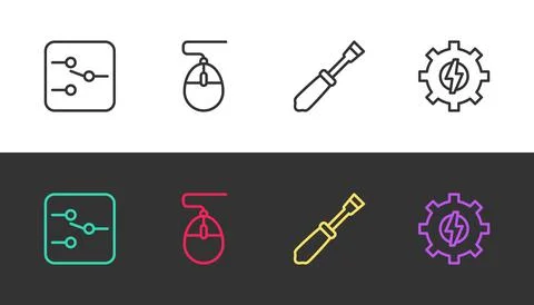 Set line Switch in electronic circuit, Computer mouse, Screwdriver and Gear and Illustrazione stock