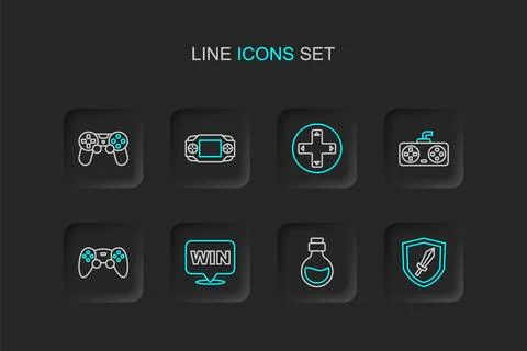 Set line Sword for game, Bottle with magic elixir, Medal, Game controller j.. Stock Illustration