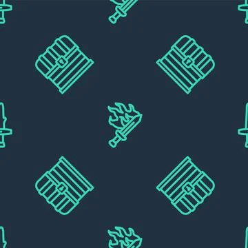 Set line Sword for game, Chest and Dagger on seamless pattern. Vector Stock Illustration