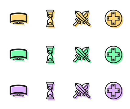 Set line Sword for game, Computer monitor, Old hourglass and Game controller Stock Illustration