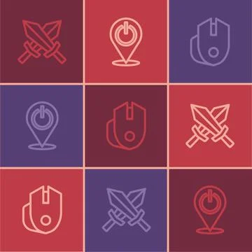Set line Sword for game, Computer mouse and Power button icon. Vector Stock Illustration