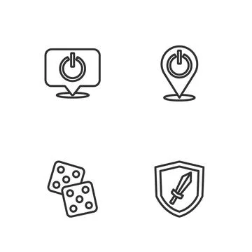 Set line Sword for game, Game dice, Power button and icon. Vector Stock Illustration