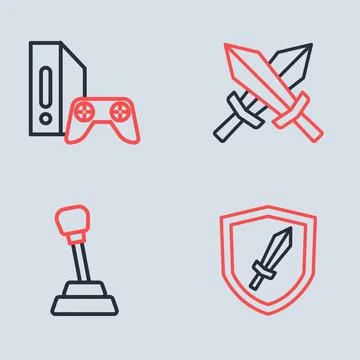 Set line Sword for game, Gear shifter,  and Game console with joystick icon.. Stock Illustration
