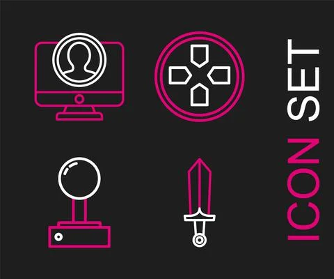 Set line Sword for game, Joystick arcade machine, Gamepad and Create account Stock Illustration