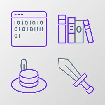 Set line Sword for game, Man hat, Book and Binary code icon. Vector Stock Illustration