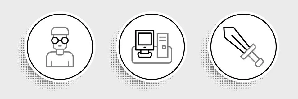 Set line Sword for game, Nerd geek and Monitor with keyboard icon. Vector Illustrazione stock