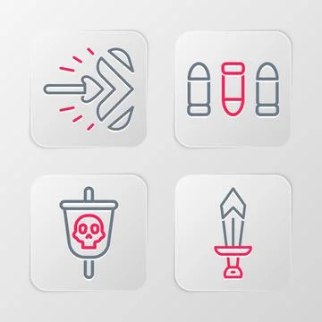 Set line Sword for game, Pirate flag, Bullet and Magic arrow icon. Vector Stock Illustration