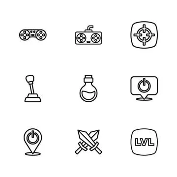 Set line Sword for game, Power button, Level, Bottle with magic elixir, Tar.. 库存插图