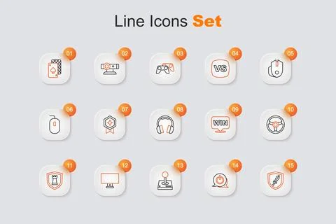 Set line Sword for game, Power button, Joystick arcade machine, Computer mo.. Illustrazione stock