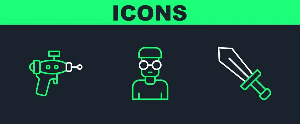 Set line Sword for game, Ray gun and Nerd geek icon. Vector Stock Illustration