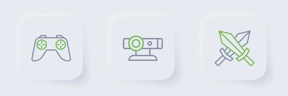 Set line Sword for game, Web camera and Game controller joystick icon. Vector Illustrazione stock