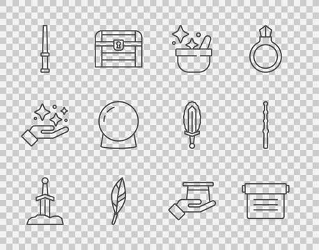 Set line Sword in the stone, Ancient magic book, Witch cauldron, Magic feat.. Stock Illustration
