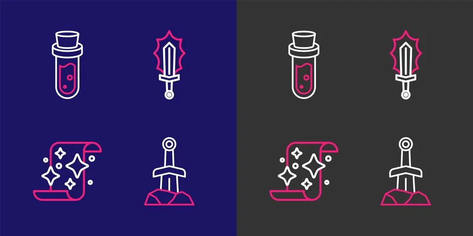 Set line Sword in the stone, Magic scroll, sword fire and Bottle with potio.. Illustrazione stock