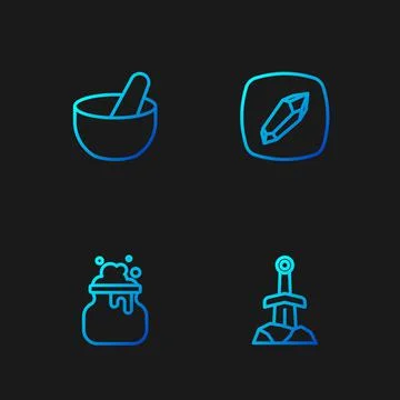 Set line Sword in the stone, Witch cauldron, and Magic. Gradient color icons Ilustração Stock