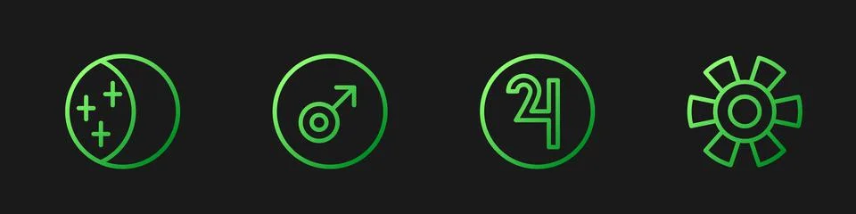 Set line Symbol Jupiter, Eclipse of the sun, Mars symbol and Sun. Gradient color Ilustração Stock