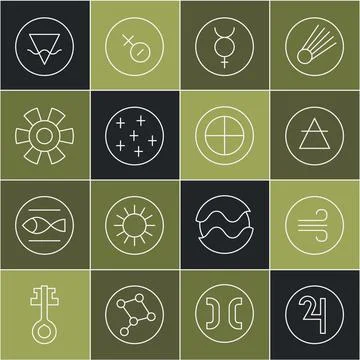 Set line Symbol Jupiter, Windy weather, Air element, Mercury, Full moon, Sun Ilustração Stock
