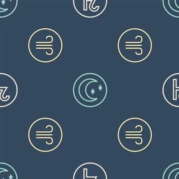 Set line Symbol Jupiter, Windy weather and Moon and stars on seamless patte.. Stock Illustration