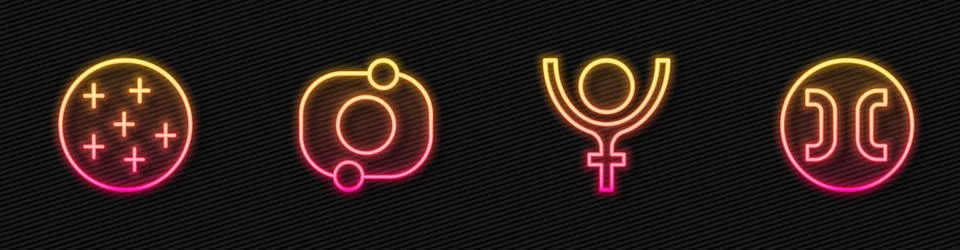 Set line Symbol Pluto, Full moon, Solar system and Pisces zodiac. Glowing neon Stock Illustration