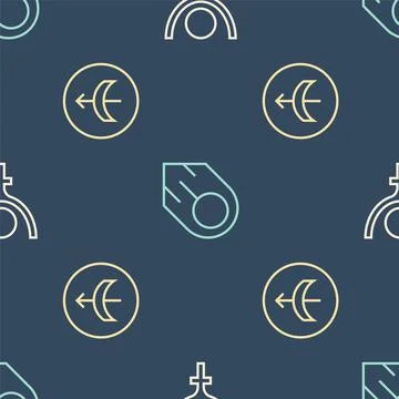 Set line Symbol Pluto, Sagittarius zodiac and Comet on seamless pattern. Vect Stock Illustration