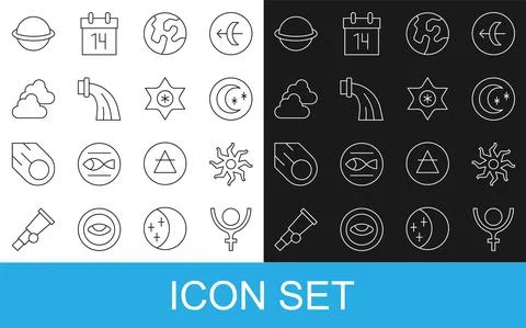 Set line Symbol Pluto, Sun, Moon and stars, Earth globe, Aquarius zodiac, Cloudy Stock Illustration