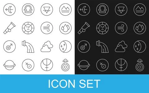 Set line Symbol Uranus, Eclipse of the sun, Water drop, Earth element, Sun,.. Ilustração Stock
