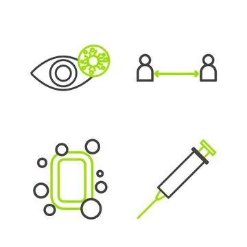 Set line Syringe, Bar of soap, Safe distance and Reddish eye due to virus i.. Stock Illustration
