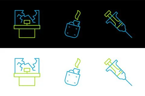 Set line Syringe, Broken window and Lighter icon. Vector Ilustración de archivo