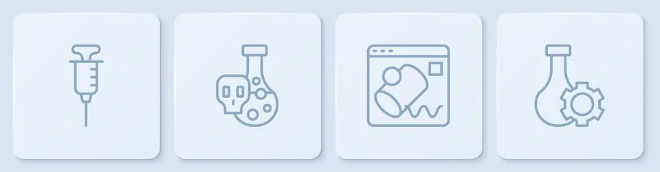 Set line Syringe, Data visualisation, Test tube with toxic liquid and . White Stock Illustration