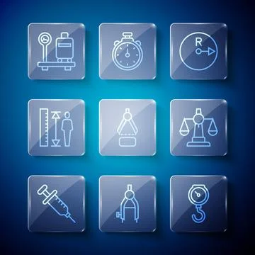 Set line Syringe, Drawing compass, Hand scale spring mechanical, Radius, Me.. Stock Illustration