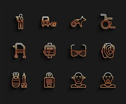 Set line Syringe, Intercom, Human broken arm, Deaf, Head of deaf and dumb, Smart Illustrazione stock